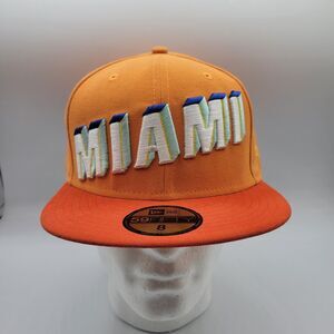 Miami Mens Womens Fitted Hat Size 8 New Era 59FIFTY Orange Script Travel Vacay